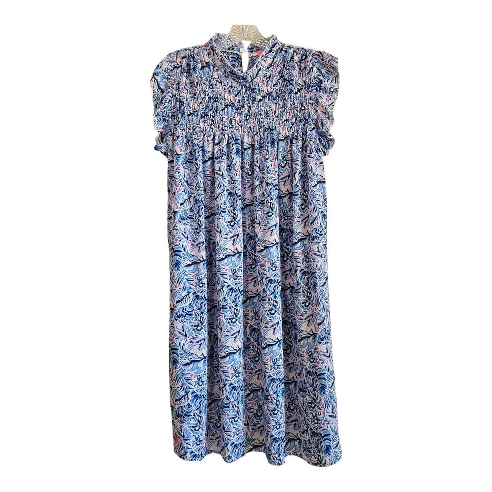SIMPLY SOUTHERN Women's XL Shift Dress Floral Blue Pink Smocked High Ruffle Neck
